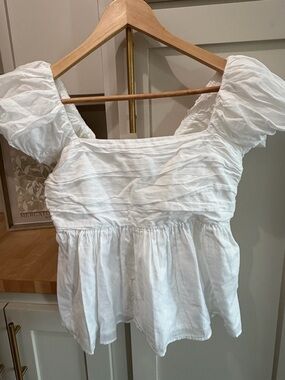 Abercrombie & Fitch White Square Neck Puff Sleeve Peplum Blouse